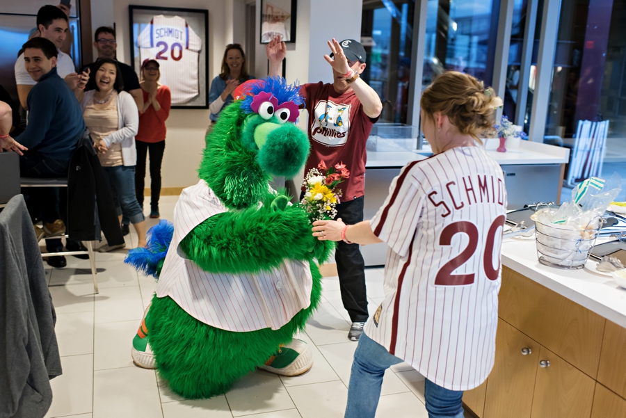 The Phillies Phanatic proposes to the bride in front of her groom at a Phillies game.